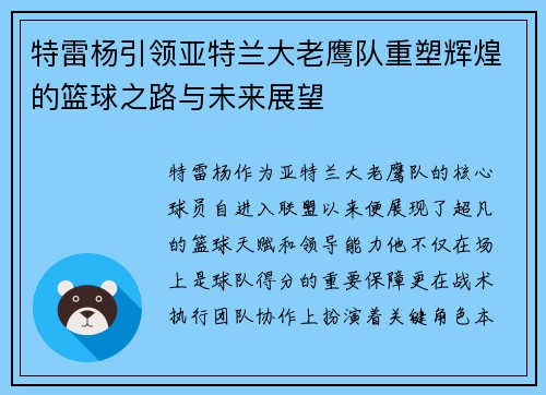 特雷杨引领亚特兰大老鹰队重塑辉煌的篮球之路与未来展望