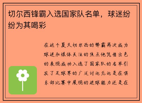 切尔西锋霸入选国家队名单，球迷纷纷为其喝彩
