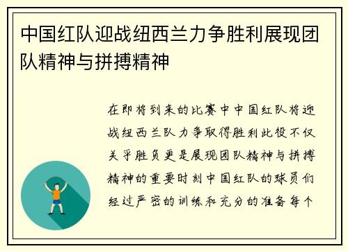 中国红队迎战纽西兰力争胜利展现团队精神与拼搏精神