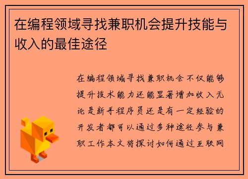 在编程领域寻找兼职机会提升技能与收入的最佳途径