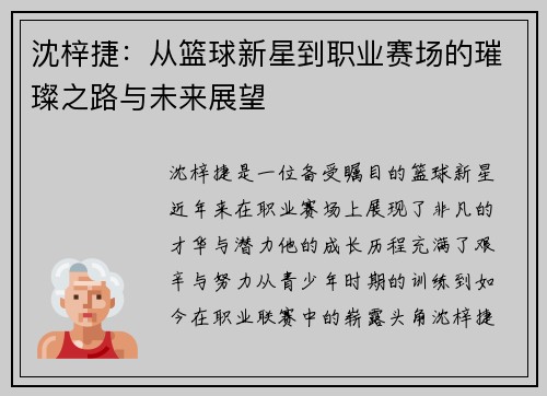 沈梓捷：从篮球新星到职业赛场的璀璨之路与未来展望