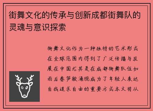 街舞文化的传承与创新成都街舞队的灵魂与意识探索