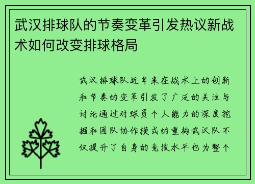 武汉排球队的节奏变革引发热议新战术如何改变排球格局
