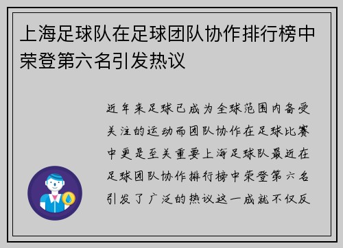 上海足球队在足球团队协作排行榜中荣登第六名引发热议