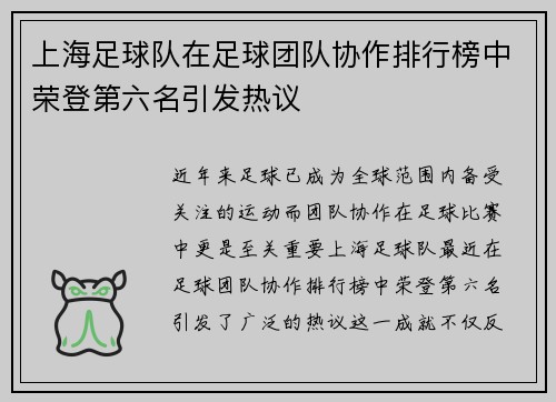 上海足球队在足球团队协作排行榜中荣登第六名引发热议