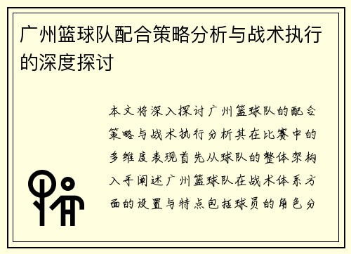 广州篮球队配合策略分析与战术执行的深度探讨
