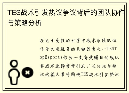 TES战术引发热议争议背后的团队协作与策略分析