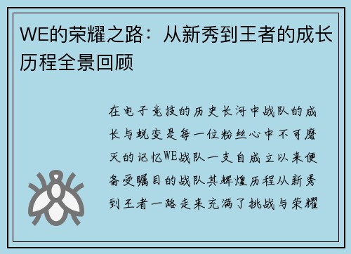 WE的荣耀之路：从新秀到王者的成长历程全景回顾