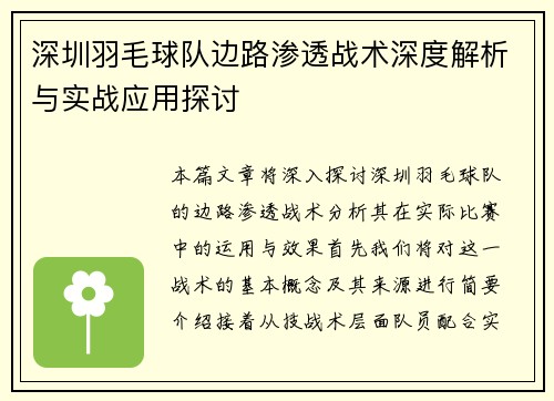 深圳羽毛球队边路渗透战术深度解析与实战应用探讨
