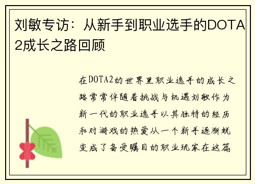 刘敏专访：从新手到职业选手的DOTA2成长之路回顾